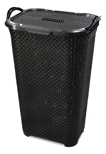 Cesto Retangular Para Roupa Rattan Preto Com Tampa E Alca