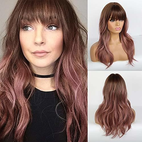 Pelucas - Emmor Long Purple Pink Wigs For Women, Natural Cur