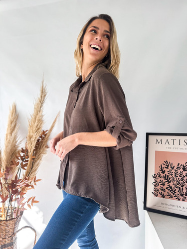 Camisa Lulyna Oversize Manga Larga Con Presilla Crepe Mujer