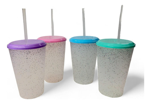 Vaso Plástico Glitter Con Sorbete Transparente 500cc X37u