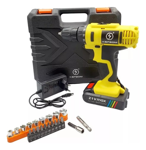 Parafusadeira Furadeira Bateria 21v Profissional Com Maleta Cor Amarelo 110v/220v