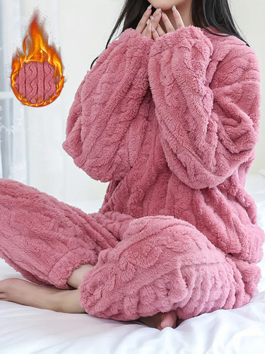 Pijama Mujer Peluche Polar Tramado Invierno 2 Piezas Cómodo