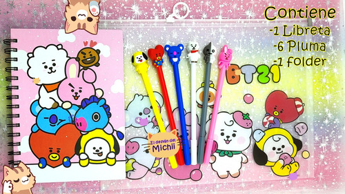 Kit Kawaii Bts Bt21 , 1 Libreta + 6 Plumas Gel + 1 Folder :)