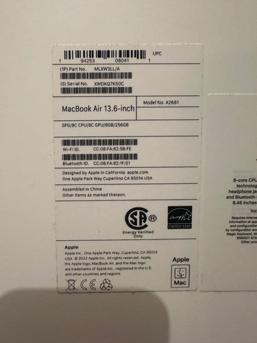 Macbook Air, 256ssd 8gb Ram, 2022 Espacial (Usado)
