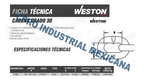 Cadena De Acero Galvanizada .3/8 50kg Grado 30 24.78 Metros