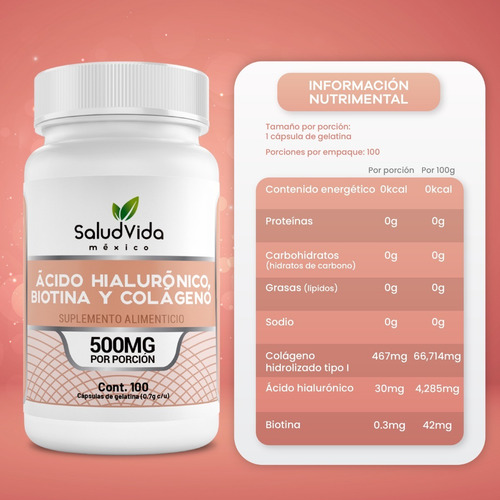 Imagen 2 de 3 de Biotina, Ácido Hialurónico Y Colágeno, 100 Cápsulas 500mg