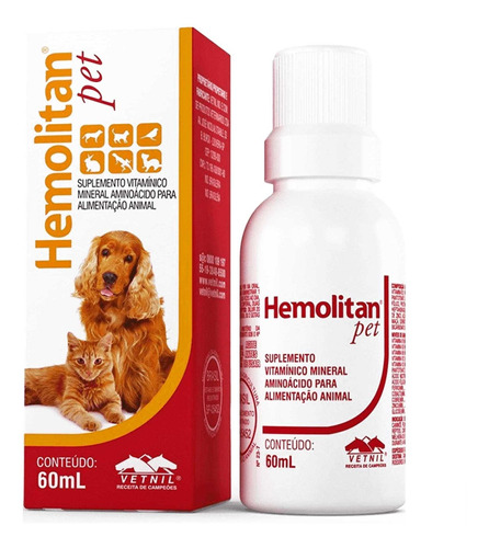 Imagem 1 de 5 de Hemolitan Pet 60ml Vetnil Vitamina Aves Cães Gato Cachorro