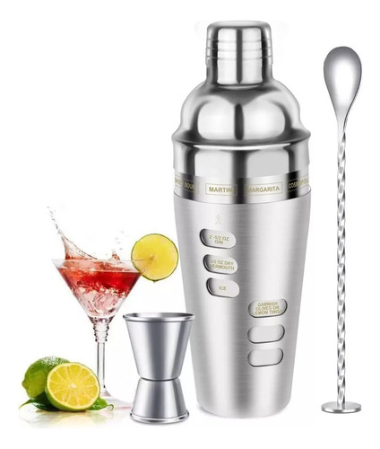 Kit Coctelera Vaso Giratorio Recetas 4 Piezas Set Bartender