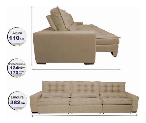 Sofá Retrátil e Reclinável 3,82m com Molas Ensacadas Cama Inbox Gold Tecido Suede Velusoft Castor