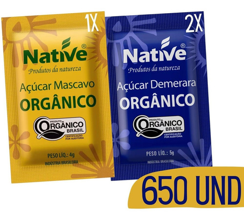 Kit Açúcar Orgânico 2 Demerara + 1 Mascavo Native 650 Sachês
