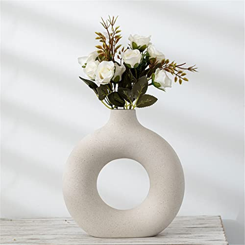 White Circle Ceramic Vase For Decor, Circular Matte Hol...