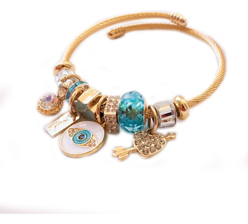 Pulsera Dorada Estilo Ajustable Con Multi Dijes Turquesa