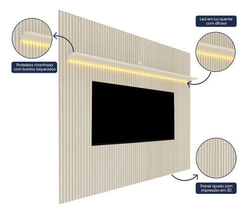 Painel Para Tv Com Led Requinte 220 Off White Ripado Gelius Cor Bege