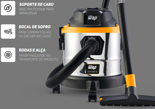 Aspirador E Soprador De Pó E Água Wap Gtw Inox 15 1700w 15 Litros Amarelo/preto + Bico Bocal Extratora 220v