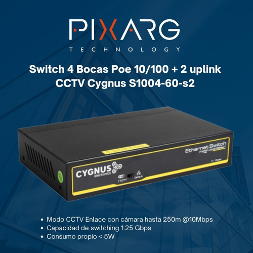 Imagen 2 de 5 de Switch 4 Bocas Poe 10/100 Cctv Cygnus S1004-60-s2 2 Uplink
