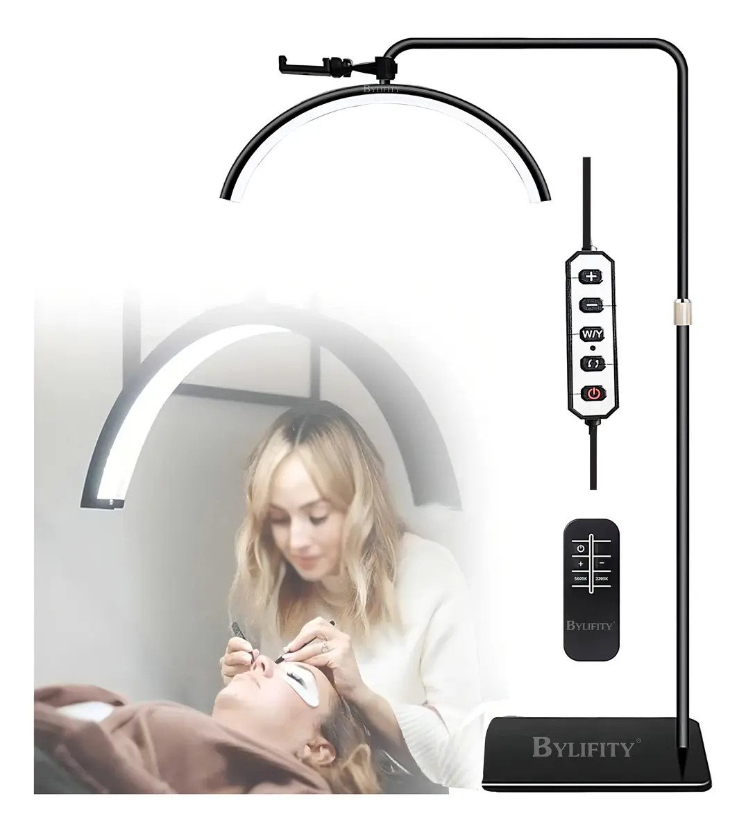 Lámpara de Pie LED BYLIFITY para Estética y Extensiones de Pestañas, Media Luna Profesional con Luz Ajustable y Control Remoto
