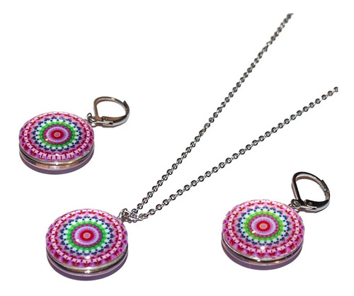 Juego Collar Aretes Mandala Resina Cadena Acero Mujer