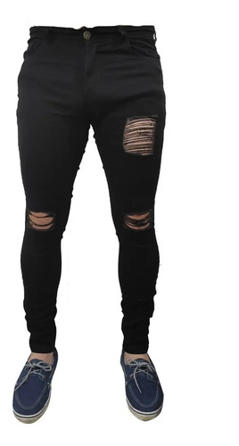 Jean Hombre Negro Rotura Elastizado Chupin Slim Pantalón | MercadoLibre