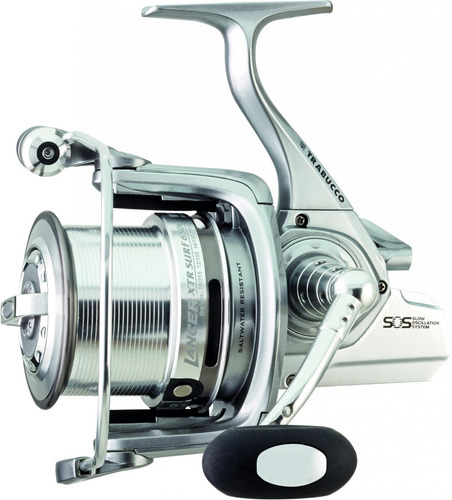 Carrete de pesca de playa fundido largo Trabucco Lancer Xtr Surf 6500, color plateado, lado de la manivela derecha/izquierda
