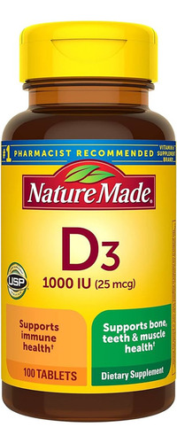 Nature Made Vitamina D3 1000 UI (25 mcg) apoya la salud ósea, dental, muscular e inmunológica además ayudar a mantener niveles saludables de vitamina D en el cuerpo, 100 Tabletas