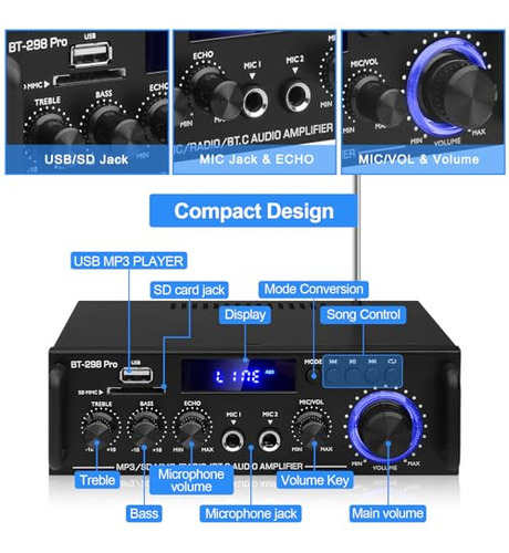 Amplificador Hifi Bt-298pro 50w: Audio Bluetooth Y Control R