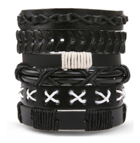 Set De 6 Pulseras De Cuero Negro