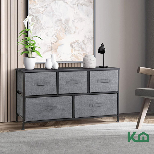 Cómoda Cajonera 5 Cajones De Tela Poliéster Mueble Organizador Metal MDF Color Gris Kingshouse