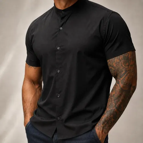 Camisa Social Slim Gola Padre Masculina Linho Manga Curta Preto Liso G