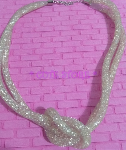 Colar Cristal Corda Nó Duplo Tela Transparente Com Cristais