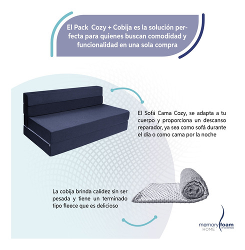 Sofá Cama Matrimonial Cozy Plegable + Cobija Gris Fleece Azul Marino Liso