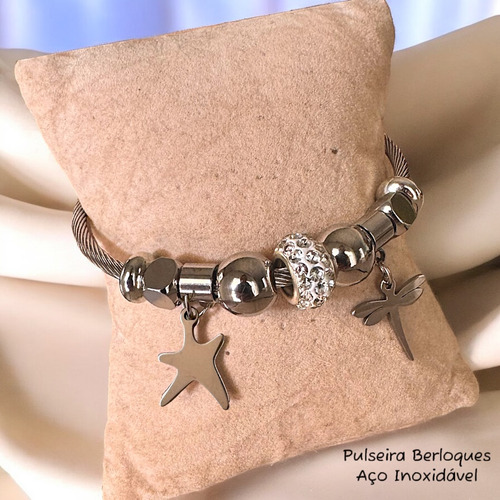 Bracelete Feminino Aço Inox Cirúrgico Cor Prata Berloque