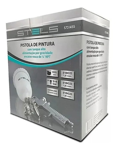 Imagem 6 de 6 de Pistola Pintura Gravidade 600ml + 3 Bicos 1.2 1.5 1.8 Stels