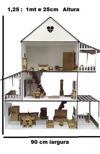 Tamanhos, Medidas e Dimensões】→ Casa Casinha para Boneca Barbie com 24 Mini  Móveis em Mdf Cru Csb1