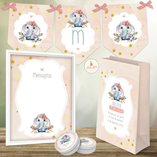 Kit Imprimible Elefante Flores Rosa + Banner, Personalizado