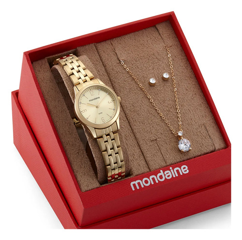 Kit Relógio Mondaine Dourado Com Semijoia 32720lpmkde1k1