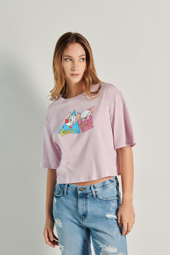 Camiseta Crop Top Oversize Con Estampado En Frente De Pinky