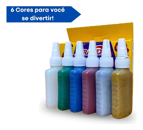 Cola Glitter Brilho 6 Cores 25g Efeito Relevo Bico Aplicador
