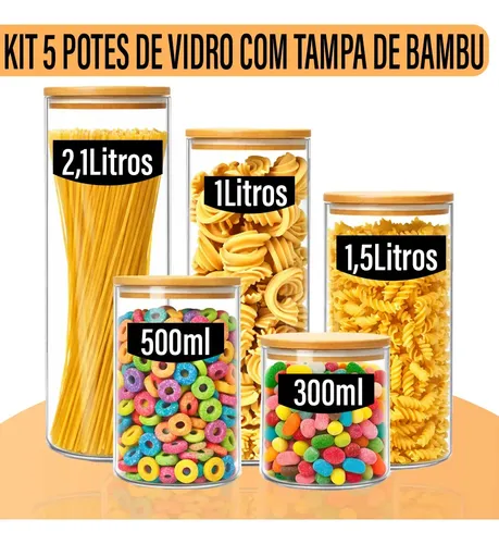 Yab Kit 5 Potes Herméticos de Vidro Yab com Tampa de Bambu para Cozinha e Aliment