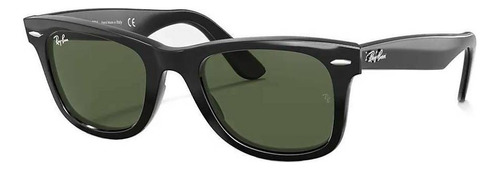 Óculos de sol Ray-Ban Wayfarer Classic Large Armação e Haste de Acetato cor Polished Black, Lente Green de Cristal Clássica - RB2140