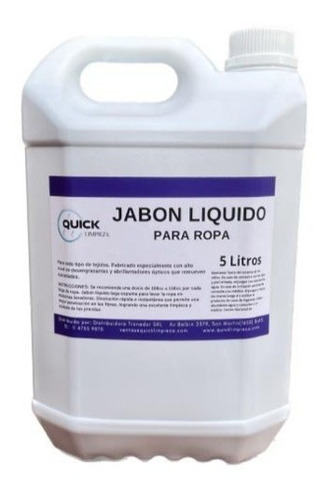 Jabon Liquido De Ropa Quick Por 5 Litros