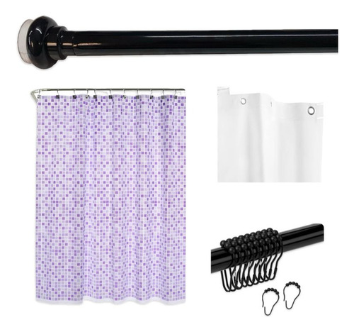Combo De Baño Con Cortina De Ducha Protector Barral Ganchos Venecita Lila