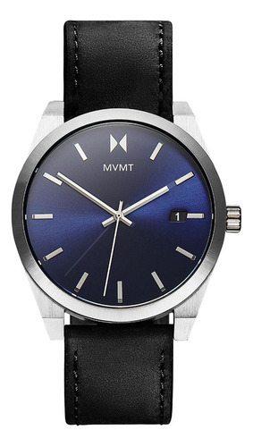 Reloj de pulsera Mvmt Element 28000041-D de cuerpo color negro, analógico, para hombre, fondo azul, con correa de cuero color negro, subesferas color plateado y hebilla simple