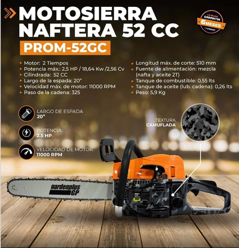 Motosierra Explosion 52cc 2.8hp 11000rpm Espada 20 Prom52