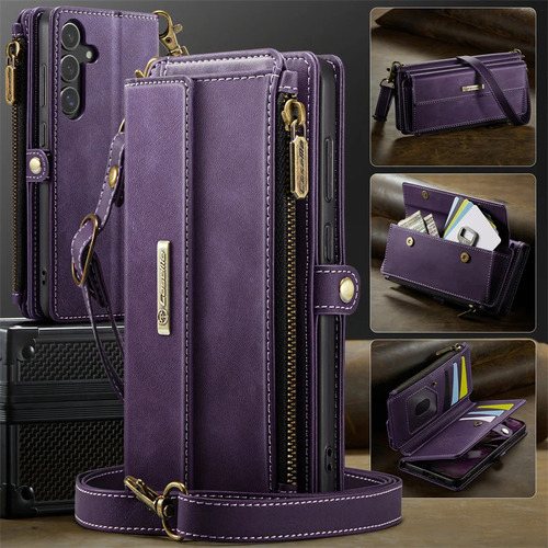 Funda Tipo Cartera Con Cierre De Piel Con Cordón Para Samsung Galaxy S25 Edge S24 Fe S23 Plus S22 Ultra S21 A16 A56