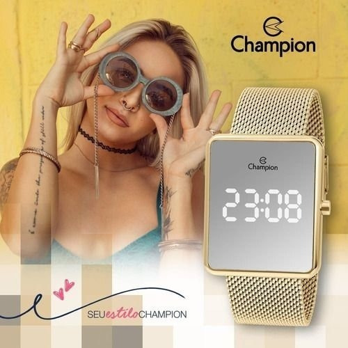 Imagem 2 de 8 de Relógio Champion Dourado Espelhado Ch40080b Led Branco