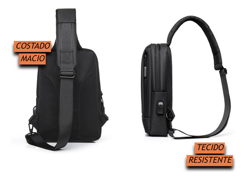 Mochila Transversal Luxo Masculina Para iPad Com Entrada Usb Cor Preto TokShop