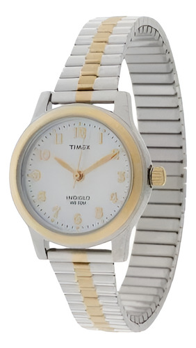 Reloj Timex T2m828 Mujer Plateado - Dorado Correa Expandible Fondo Blanco