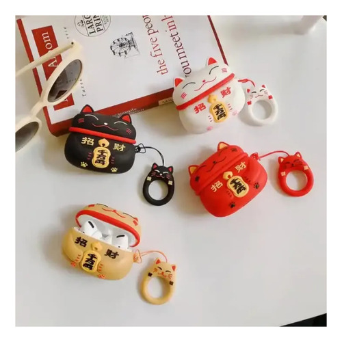 Funda Estuche Kawaii Para Airpods Pro2 Con Gancho Gato Suerte Rojo