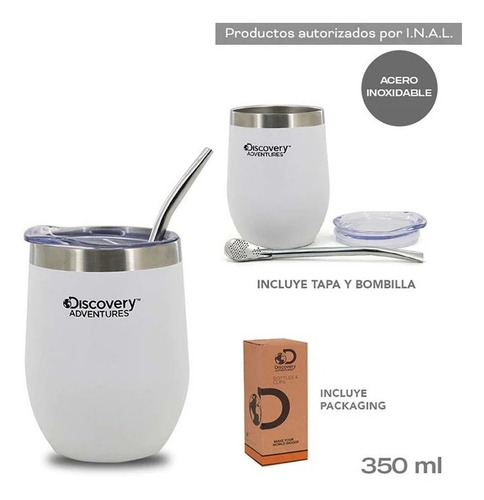 Mate Acero Inoxidabl Vaso Termico Discovery Tapa Y Bombilla Color Blanco