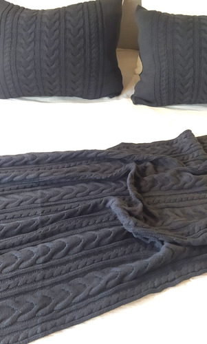 Combo Manta Pie De Cama, Artesanal Lana 200 X 90 +2 Fundas Gris Grafito